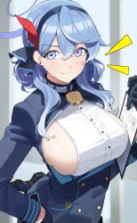  1girl absurdres ako_(blue_archive) bell black_gloves blue_archive blue_eyes blue_hair blue_jacket blush breasts clipboard commentary earrings film_grain gloves gun haerge hair_between_eyes halo handgun highres holding holding_clipboard holstered jacket jewelry large_breasts looking_at_viewer luger_p08 neck_bell shirt sideboob sideless_shirt smile solo stud_earrings upper_body weapon white_shirt 