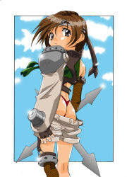  1990s_(style) 1girl amano_yo-ki armor arms_at_sides ass bare_back black_gloves blue_sky border brown_eyes brown_hair brown_shorts chest_harness closed_mouth clothes_pull cloud cropped_sweater cumulonimbus_cloud elbow_gloves expressionless feet_out_of_frame final_fantasy final_fantasy_vii fingerless_gloves fishnet_gloves fishnet_thighhighs fishnets flashing floating_clothes forehead_protector from_behind gloves green_sweater harness headband holding holding_weapon huge_weapon looking_at_viewer looking_back non-web_source outdoors outside_border panties pauldrons red_panties retro_artstyle short_hair short_shorts shorts shorts_pull shoulder_armor shuriken single_bare_shoulder single_pauldron single_thighhigh sky sleeveless sleeveless_turtleneck solo standing sweater thighhighs thong turtleneck turtleneck_sweater underwear weapon white_border wind yuffie_kisaragi 