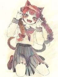  1girl :d alternate_costume animal_ears black_skirt braid cat_ears cat_girl cat_tail commentary_request fangs full_body hands_up highres kaenbyou_rin loafers long_hair long_sleeves looking_at_viewer multiple_tails neckerchief open_mouth paw_pose red_eyes red_hair red_neckerchief sasa6666s school_uniform seiza serafuku shirt shoes sitting skirt smile solo tail touhou twin_braids two_tails white_shirt 