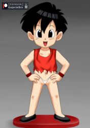  1girl artist_logo artist_name bare_legs black_footwear black_hair blush cameltoe cleft_of_venus crotch dragon_ball espiralsix female_focus full_body gluteal_fold grey_background hands_on_own_hips highres loli looking_at_viewer navel open_mouth pan_(dragon_ball) panties red_shirt shirt shoes short_hair sleeveless sleeveless_shirt smile socks straight-on thighs thong underwear white_panties wristband  rating:Explicit score:1 user:MonsieurCinq