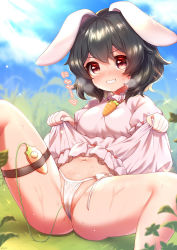  1girl absurdres animal_ears ass black_hair blush cameltoe carrot carrot_necklace clothes_lift cloud commentary_request day dress dress_lift egg_vibrator frilled_dress frills highres inaba_tewi knee_up leaning_back legs lifted_by_self micro_panties navel necklace nose_blush object_insertion on_grass outdoors panties parted_lips partially_visible_vulva pink_dress pussy_juice rabbit_ears rabbit_girl red_eyes remote_control_vibrator sex_toy short_hair short_sleeves side-tie_panties sitting sky smile solo spread_legs sweat teeth thigh_strap thighs touhou underwear vaginal vaginal_object_insertion vibrator vibrator_cord vibrator_in_thigh_strap vibrator_under_clothes vibrator_under_panties wet white_panties yufukiri  rating:Explicit score:84 user:danbooru