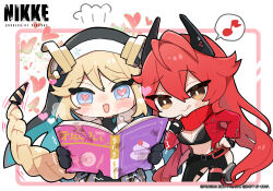  2girls belt black_belt black_gloves black_pants blonde_hair blue_eyes blush blush_stickers book braid braided_ponytail breasts bright_pupils brown_eyes chibi coif copyright_name cowboy_shot fingerless_gloves floating_hair furrowed_brow gloves goddess_of_victory:_nikke hair_between_eyes hand_on_own_hip headgear heart heart-shaped_pupils heavy_breathing highres hip_vent holding holding_book jacket leaning_forward licking_lips long_hair long_sleeves motion_lines multiple_girls musical_note navel no_nose nose_blush official_art open_book open_clothes open_jacket open_mouth pants raised_eyebrows rapunzel_(nikke) red_hair red_hood_(nikke) red_jacket red_scarf scarf spoken_musical_note symbol-shaped_pupils tongue tongue_out trembling very_long_hair white_pupils 