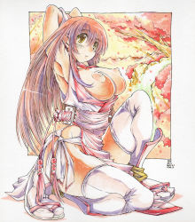 1girl alternate_color alternate_hairstyle armor armpits arms_up bad_id bad_pixiv_id breasts breasts_out brown_eyes brown_hair dated dead_or_alive greaves hair_ribbon highres kasumi_(doa) large_breasts long_hair marker_(medium) nape_yama ninja nipples no_panties on_one_knee pelvic_curtain petals puffy_nipples ribbon sandals sash short_sword signature smile solo sword tabi tecmo thighhighs traditional_media weapon weapon_on_back white_thighhighs 