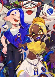  1boy 2girls absurdres big_man_(splatoon) black_pants blonde_hair blue_hair blue_shawl breasts bright_pupils chest_sarashi clothing_cutout colored_eyelashes commentary dark-skinned_female dark_skin diforland earrings english_commentary eyelashes folding_fan frye_(splatoon) hair_ornament hair_over_one_eye hair_tie hairband hand_fan hand_on_own_hip harem_pants highres holding holding_fan inkling jewelry long_pointy_ears medium_breasts medium_hair midriff multicolored_background multiple_earrings multiple_girls navel nintendo octoling one_eye_closed open_mouth pants pointy_ears print_folding_fan red_eyes sarashi shawl shiver_(splatoon) short_eyebrows smile splatoon_(series) splatoon_3 teeth tentacle_hair thick_eyebrows tooth_earrings torn_clothes torn_pants white_hairband white_pupils x_hair_ornament yellow_eyes 