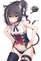 1girl absurdres animal_ear_fluff animal_ears armpits bare_arms bare_shoulders black_hair black_panties black_ribbon black_thighhighs breasts brooch cat_ears cat_girl cat_tail cowboy_shot green_eyes groin hands_on_own_hips highres jewelry karyl_(princess_connect!) long_hair looking_at_viewer multicolored_hair navel neck_ribbon no_pants panties ponytail princess_connect! ribbon shirt sleeveless sleeveless_shirt small_breasts solo squiggle streaked_hair sunhyun tail tail_raised thighhighs underwear rating:Sensitive score:84 user:danbooru