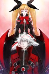  1boy 1girl absurdres blazblue blonde_hair bow capelet cradling_head early_type eyelashes flat_chest gothic_lolita hair_ribbon highres jacket lap_pillow light_smile lolita_fashion long_hair low_wings pale_skin rachel_alucard ragna_the_bloodedge red_bow red_eyes red_jacket ribbon twintails vampire very_long_hair white_hair wings  rating:Sensitive score:9 user:danbooru