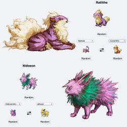  arrow_(symbol) character_name commentary creature creatures_(company) english_commentary english_text full_body fusion game_freak gen_1_pokemon growlithe highres horns jolteon lying multiple_fusions nidoran nidoran_(male) nintendo no_humans ommanyte on_stomach pink_eyes pokemon pokemon_(creature) profile purple_eyes rattata serious simple_background single_horn spikes sprites standing white_background 