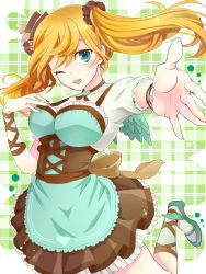  1girl aqua_dress aqua_eyes back_bow blonde_hair blue_eyes bow breasts brown_bow brown_choker brown_dress brown_scrunchie choker collarbone commentary_request corset cowboy_shot cross-laced_clothes cross-laced_corset cross-laced_dress cross-laced_legwear dress frilled_dress frills green_background green_dress green_footwear hand_on_own_chest hat heart heart_choker jennifer_(love_live!) large_breasts leg_up long_hair looking_at_viewer love_live! love_live!_school_idol_festival mini_hat multicolored_clothes multicolored_dress one_eye_closed open_mouth outstretched_arm plaid plaid_background reaching reaching_towards_viewer romiko scrunchie short_sleeves solo standing standing_on_one_leg tilted_headwear twintails wings 