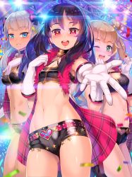  3girls :d ;d absurdres bell blue_eyes blush breasts buckle collar confederate_flag confetti cowboy_shot furyou_michi_~gang_road~ gloves glowstick green_eyes heart heart-shaped_buckle heart_belt highres idol jairou jingle_bell looking_at_viewer midriff multiple_girls navel neck_bell one_eye_closed open_mouth parted_lips red_eyes short_shorts shorts small_breasts smile star-shaped_pupils star_(symbol) symbol-shaped_pupils white_gloves  rating:Sensitive score:104 user:danbooru