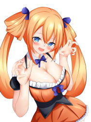  bare_shoulders blue_eyes breasts cleavage collar detached_collar dress happy highres large_breasts long_hair neptune_(series) nitoya open_mouth orange_hair orange_heart_(neptunia) power_symbol-shaped_pupils ribbon skirt symbol-shaped_pupils tennouboshi_uzume twintails very_long_hair  rating:General score:11 user:Dyna-Goose