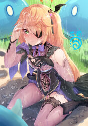  absurdres ankle_boots bassa blonde_hair boots breasts eyepatch fischl_(genshin_impact) genshin_impact gloves green_eyes highres kneeling medium_breasts pantyhose slime_(genshin_impact) slime_(substance) twintails wet wet_clothes  rating:Questionable score:18 user:slapdandy