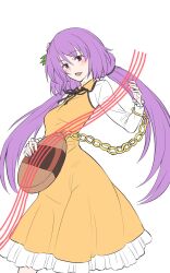  1girl biwa_lute chain commentary dress hair_ornament highres instrument kakone long_hair long_sleeves looking_at_viewer lute_(instrument) one-hour_drawing_challenge open_mouth purple_eyes purple_hair simple_background solo touhou tsukumo_benben yellow_dress 