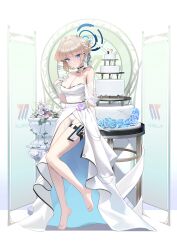  1girl absurdres alternate_costume barefoot blonde_hair blue_archive blue_eyes blue_flower blue_halo blush breasts cake cleavage closed_mouth dress flower food full_body gloves gun halo highres jewelry large_breasts looking_at_viewer necklace short_hair solo toes toki_(blue_archive) weapon white_dress white_flower white_gloves yarn_(yarn_03) 