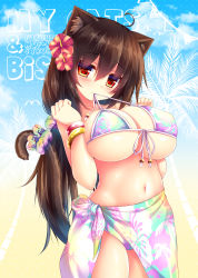  1girl absurdres ahoge animal_ear_fluff animal_ears artist_name bikini blue_sky blush bracelet breasts brown_hair cat_ears cat_girl cat_tail circle_name cowboy_shot floral_print flower front-tie_bikini_top front-tie_top hair_flower hair_ornament hibiscus highres jewelry large_breasts long_hair looking_at_viewer mia_flatpaddy mouth_hold navel oppai_loli original red_eyes sarong sky solo swimsuit syroh tail tail_scrunchie untied_bikini very_long_hair 