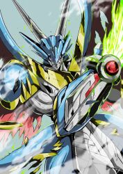 1boy armor damaged digimon digimon_(creature) horns looking_at_viewer male_focus solo ulforcev-dramon wings
