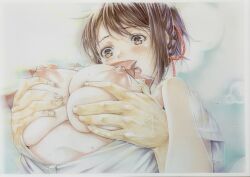  1girl 1other absurdres black_hair blush bow bowtie braid breasts brown_eyes colored_pencil_(medium) commentary_request dress_shirt grabbing grabbing_another&#039;s_breast hair_ribbon highres katsu_(24791909) kimi_no_na_wa. large_breasts marker_(medium) miyamizu_mitsuha nipples open_clothes open_mouth open_shirt red_bow red_bowtie red_ribbon ribbon school_uniform shirt solo_focus sweatdrop teeth traditional_media upper_body upper_teeth_only white_shirt 