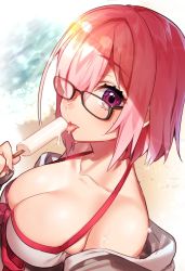  1girl :p beach bikini black-framed_eyewear breasts cleavage collarbone eating fate/grand_order fate_(series) food hair_over_one_eye halterneck hood hooded_jacket hoodie ichinose_yukino jacket large_breasts lens_flare looking_at_viewer mash_kyrielight mash_kyrielight_(swimsuit_of_perpetual_summer) medium_hair off_shoulder official_alternate_costume open_clothes open_hoodie outdoors pink_hair popsicle purple_eyes solo sparkle sweat swimsuit tongue tongue_out white_bikini 