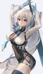  1girl absurdres arknights arms_up black_thighhighs blue_gloves blue_necktie blush breasts cosplay covered_navel cowboy_shot eula_(genshin_impact) eula_(genshin_impact)_(cosplay) female_focus genshin_impact gloves highres holding holding_sword holding_weapon large_breasts leotard long_hair long_sleeves looking_at_viewer necktie parted_lips red_eyes satou_rina silver_hair skadi_(arknights) solo sword thighhighs underbust very_long_hair vision_(genshin_impact) voice_actor_connection weapon zombie_ke 