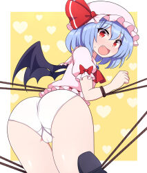 1girl :o ascot ass bat_wings bdsm blonde_hair blue_hair blush bondage bound bow cameltoe cleft_of_venus embodiment_of_scarlet_devil fang from_behind hat hat_ribbon heart looking_at_viewer mob_cap nose_blush open_mouth panties pink_hat pink_shirt puffy_short_sleeves puffy_sleeves red_ascot red_eyes red_ribbon remilia_scarlet ribbon rizento shirt short_hair short_sleeves solo sweatdrop thighs touhou underwear white_panties wings yellow_background rating:Questionable score:68 user:danbooru