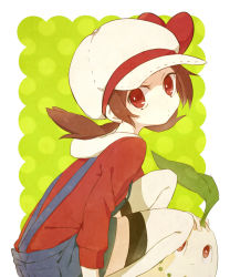  00s 1girl bad_id bad_pixiv_id brown_eyes brown_hair cabbie_hat chikorita creatures_(company) female_focus from_behind game_freak gen_2_pokemon hat hat_ribbon headpat honotai knee_up looking_at_viewer low_twintails lyra_(pokemon) nintendo overalls pokemon pokemon_(anime) pokemon_(creature) pokemon_hgss polka_dot polka_dot_background red_eyes ribbon short_hair squatting thighhighs twintails white_thighhighs  rating:Sensitive score:11 user:iiToxic