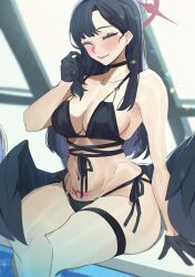  1girl absurdres ajisai_(kyukurarin) arm_at_side bare_arms bare_legs bare_shoulders bikini black_bikini black_choker black_gloves black_hair black_wings blue_archive blurry blurry_background blurry_foreground blush breasts choker cleavage closed_mouth collarbone commentary crossed_legs day depth_of_field feathered_wings front-tie_bikini_top front-tie_top gloves hair_behind_ear hair_ornament hairclip half-closed_eyes half_gloves halo hand_up heart heart_tattoo highres holding holding_own_hair ichika_(blue_archive) indoors large_breasts light_particles long_hair looking_at_viewer low_wings navel o-ring o-ring_bikini o-ring_bottom o-ring_top one_eye_closed pool poolside pubic_tattoo red_halo side-tie_bikini_bottom sitting smile soaking_feet solo stomach string_bikini swimsuit symbol-only_commentary tattoo thigh_strap water window wings 