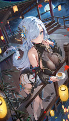  1girl absurdres against_railing bare_shoulders black_dress black_sleeves blue_eyes blue_nails breast_rest breasts cleavage commentary cup dated_commentary detached_sleeves dress elbow_rest eyes_visible_through_hair falling_leaves genshin_impact grey_hair hair_ornament hair_over_one_eye highres holding holding_plate houkisei large_breasts leaf leaning_forward long_hair looking_at_viewer moon night night_sky official_alternate_costume parted_lips plate railing see-through see-through_cleavage shenhe_(frostflower_dew)_(genshin_impact) shenhe_(genshin_impact) sky sleeveless sleeveless_dress solo vision_(genshin_impact) 