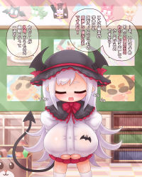 alexi_(tits!) bat_(animal) breasts busty_demon_garden_(arekishi) cleavage cleavage_cutout closed_eyes clothing_cutout demon_girl hat highres horns large_breasts monster_girl oppai_loli pointy_ears red_eyes ribbon sample_watermark skirt socks tail text_focus translated vampire watermark white_hair rating:Explicit score:21 user:aquaticmira2