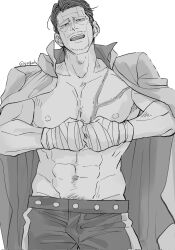  1boy adam&#039;s_apple bara bare_pectorals clenched_hands cowboy_shot facial_hair fighting_stance fist_bump goatee_stubble golden_kamuy greyscale head_tilt highres jacket jacket_on_shoulders kikuta_mokutaro large_pectorals looking_at_viewer male_focus mature_male monochrome muscular muscular_male nipples pectorals scar scar_on_face scar_on_forehead serious short_hair solo sparse_navel_hair standing stubble thick_eyebrows yngwh 
