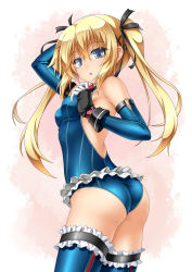 1girl armpits ass backless_outfit bare_shoulders blonde_hair blue_eyes blue_one-piece_swimsuit blue_thighhighs blush bodysuit breasts dead_or_alive dead_or_alive_5 detached_sleeves frills from_behind gloves hair_ribbon highres leotard long_hair looking_at_viewer looking_back looking_down marie_rose one-piece_swimsuit open_mouth ribbon roura shiny_clothes shiny_skin skin_tight small_breasts solo swimsuit tecmo thighhighs twintails rating:Questionable score:68 user:armorcrystal