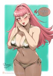  1girl ;) ;p absurdres alternate_costume bare_arms bare_shoulders bikini blunt_bangs blush breasts commentary cowboy_shot deliciousbrain fire_emblem fire_emblem:_three_houses gold_bikini hands_up highres hilda_valentine_goneril large_breasts long_hair looking_at_viewer nail_polish navel nintendo one_eye_closed own_hands_together pink_eyes pink_hair pink_nails side-tie_bikini_bottom smile solo standing stomach swimsuit thighs tongue tongue_out very_long_hair 