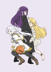  3girls :d ball barefoot basketball basketball_(object) black_coat black_pantyhose blonde_hair blunt_bangs boots breasts brown_footwear cape coat dress elf feet fern_(sousou_no_frieren) frieren full_body gold_trim green_eyes highres large_breasts long_hair long_sleeves looking_at_another motion_blur multiple_girls open_clothes open_coat open_mouth pantyhose pointy_ears purple_eyes purple_hair robe serie_(sousou_no_frieren) shirt simple_background smile sousou_no_frieren striped_clothes striped_shirt toes truffleduster twintails white_background white_cape white_dress white_hair white_robe 