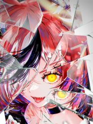  1girl animal_ears bare_shoulders black_choker black_hair bright_pupils broken_glass choker crazy crazy_smile eyelashes glass glass_shards hair_over_one_eye hakos_baelz halftone highres hololive hololive_english kubrick_stare looking_at_viewer mouse_ears mouse_girl multicolored_hair open_mouth portrait psycho_(hololive) red_hair reflection sharp_teeth short_hair smile solo sowon streaked_hair teeth virtual_youtuber white_hair white_pupils yellow_eyes 