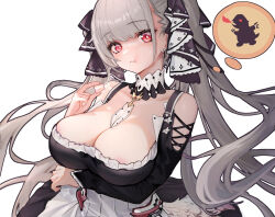  1girl arms_under_breasts azur_lane bare_shoulders between_breasts black_dress breasts cleavage commentary dress formidable_(azur_lane) frilled_dress frills grey_hair highres large_breasts long_hair long_sleeves looking_at_viewer necktie necktie_between_breasts red_eyes simple_background solo symbol-only_commentary thought_bubble twintails two-tone_dress two-tone_ribbon upper_body very_long_hair white_background yoyoleaf 