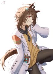  1girl agnes_tachyon_(umamusume) ahoge animal_ears black_necktie black_pantyhose brown_hair commentary_request ear_ornament highres horse_ears horse_girl horse_tail lab_coat looking_at_viewer necktie pantyhose red_eyes short_hair simple_background smile solo sweater_vest tail umamusume umiroku white_background yellow_sweater_vest 