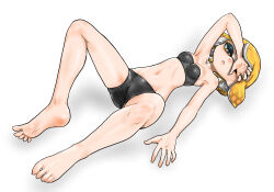  1girl arm_up bare_arms bare_legs bare_shoulders barefoot bike_shorts black_bra black_shorts blonde_hair bra breasts cleavage eyelashes groin highres inkling inkling_girl inkling_player_character koharu2.5 lying medium_breasts navel nintendo on_back orange_eyes parted_lips short_hair shorts simple_background solo splatoon_(series) strapless strapless_bra suction_cups tentacle_hair underwear white_background 