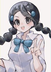  1girl :d absurdres asatte_3z black_hair blue_bow blue_bowtie bow bowtie breasts candice_(pokemon) collared_shirt creatures_(company) game_freak grey_eyes hair_ornament hand_up highres long_hair medium_breasts multi-tied_hair nintendo open_mouth pokemon pokemon_dppt shirt simple_background smile solo teeth twintails upper_body upper_teeth_only v white_background white_shirt 