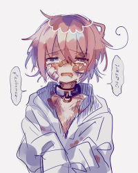  1boy absurdres abuse bandaid bandaid_on_cheek bandaid_on_face bandaid_on_nose black_collar blood blood_on_clothes blue_eyes bruise bruise_on_chest bruise_on_face collar collarbone commentary_request crying crying_with_eyes_open dirty dirty_clothes dried_blood drooling furrowed_brow guro half-closed_eyes heterochromia highres hood hood_down hoodie hurt in_pain injury long_sleeves looking_at_viewer male_focus messy_hair open_mouth original pink_hair raito-kun_(uenomigi) red_eyes simple_background solo solo_focus speech_bubble sweat tears uenomigi upper_body white_background white_hoodie 