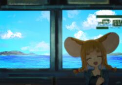  1girl :d ^_^ alternate_costume animal_ears aqua_sky artist_name blue_hair blurry blurry_foreground braid cardigan closed_eyes cloud cloudy_sky colored_inner_hair commentary day depth_of_field facing_viewer hair_tie hand_up happy highres holding horizon indie_virtual_youtuber long_hair mau-chan_(7name) mouse_ears mouse_girl multicolored_hair naname_(7name) ocean open_cardigan open_clothes open_mouth orange_hair scenery sidelocks signature sky smile solo thick_eyebrows train_interior twin_braids upper_body water wide_shot 