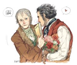  2boys artist_name black_hair blue_eyes book bouquet coat commentary english_commentary flower from_side fur-trimmed_coat fur_trim georg_hegel grey_hair heart highres holding holding_book holding_bouquet karl_marx long_sleeves looking_at_another m0n7e_carl0 male_focus multiple_boys orange_flower pink_flower real_life red_flower shirt short_hair simple_background speech_bubble spoken_heart upper_body white_background white_shirt yaoi 