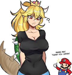 1boy 1girl ? artist_request black_shirt blouse bowsette breasts cleavage crown english_text fang fang_out horns large_breasts mario mario_(series) nintendo overalls shell shirt t-shirt tail thumbs_up rating:Sensitive score:29 user:danbooru