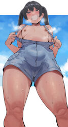  1girl black_hair blue_eyes blue_overalls blue_sky border breasts cloud commentary dark-skinned_female dark_skin flat_chest grin highres long_hair looking_at_viewer naked_overalls nipples okpriko original outside_border overall_shorts overalls sky smile steaming_body sweat symbol-only_commentary thai_girl_(okpriko) twintails white_border  rating:Questionable score:86 user:danbooru