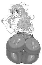 1girl ass backboob bad_id bad_pixiv_id belt bent_over black-framed_eyewear blush breasts cowboy_shot curvy denim embarrassed eyebrows female_focus from_behind glasses greyscale highres hip_focus huge_ass impossible_clothes japanese_text jeans large_breasts long_hair looking_at_viewer looking_back messy_hair monochrome narrow_waist open_mouth original pants plump simple_background skin_tight solo synecdoche text_focus thick_eyebrows thick_thighs thighs tight_clothes tight_pants translated twisted_neck white_background wide_hips rating:Explicit score:194 user:internetlovemachine