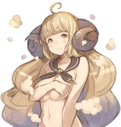10s 1girl ahoge anila_(granblue_fantasy) bad_id bad_pixiv_id blonde_hair blunt_bangs blush breasts collarbone commentary_request covering_privates covering_breasts draph eyebrows granblue_fantasy hanarito horns large_breasts long_hair navel nude sheep_horns short_eyebrows smile solo stomach thick_eyebrows upper_body very_long_hair yellow_eyes rating:Questionable score:11 user:danbooru