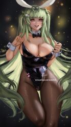  1girl :d adjusting_clothes animal_ears antenna_hair black_bow black_bowtie black_leotard bowtie breasts brown_pantyhosestrapless_leotard detached_collar fake_animal_ears goddess_of_victory:_nikke green_hair green_nails heart_antenna_hair highleg highleg_leotard large_breasts leotard light_blush long_hair mole mole_on_breast nail_polish open_mouth patreon_username pink_eyes playboy_bunny rabbit_ears smile soda_(nikke) soda_(twinkling_bunny)_(nikke) solo thighs twintails wei_(promise_0820) wrist_cuffs 