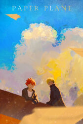  2boys black_coat black_hair black_jacket black_sleeves blonde_hair blue_sky bridge chinese_commentary closed_eyes closed_mouth cloud coat collared_coat collared_jacket commentary_request day english_text haikyuu!! high_collar highres hinata_shouyou jacket kozume_kenma light_particles long_sleeves looking_at_another making-of_available male_focus messy_hair multicolored_hair multiple_boys open_clothes open_jacket open_mouth orange_hair outdoors paper_airplane sanshui_guantang shirt short_hair signature sky sleeves_past_wrists smile streaked_hair teeth upper_body upper_teeth_only white_shirt yellow_eyes 