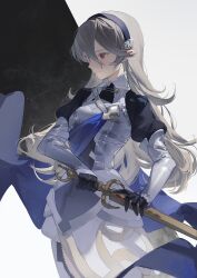  1girl armor black_gloves black_hairband blue_cape breastplate cape closed_mouth commentary_request corrin_(female)_(fire_emblem) corrin_(fire_emblem) fire_emblem fire_emblem_fates gloves grey_hair hair_between_eyes hairband highres holding holding_sword holding_weapon juliet_sleeves long_hair long_sleeves nintendo pointy_ears puffy_sleeves red_eyes solo sword weapon yato_(fire_emblem) yun_(dl2n5c7kbh8ihcx) 