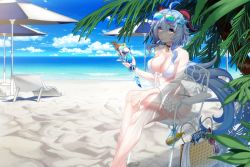  1girl ahoge beach beach_chair beach_umbrella bell bikini blue_hair blue_sky breasts chair chinese_commentary cleavage closed_mouth cloud collarbone commentary_request covered_erect_nipples day eyewear_on_head female_focus food ganyu_(genshin_impact) genshin_impact hair_ribbon highres holding holding_food horizon jacket leaf long_hair medium_breasts medium_hair neck_bell ocean outdoors palm_tree parfait purple_eyes ribbon sand see-through see-through_jacket sidelocks sitting sky smile solo spoon sunglasses swimsuit tree uiu umbrella utensil_in_mouth very_long_hair white_bikini white_jacket 
