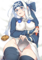 10s 1girl ainu_clothes bed_sheet black_thighhighs blue_eyes carrot censored covered_erect_nipples fingernails headband highres kamoi_(kancolle) kantai_collection long_hair long_sleeves looking_at_viewer lying mosaic_censoring no_panties on_back open_mouth potato pussy smile solo thick_eyebrows thighhighs white_hair yui.h rating:Explicit score:19 user:danbooru