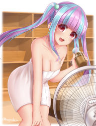 1girl :d bad_id bad_pixiv_id bang_dream! blue_hair blunt_bangs breasts changing_room cleavage coffee hair_bobbles hair_ornament hand_fan hand_on_own_knee hapushilu highres holding leaning_forward long_hair looking_at_viewer multicolored_hair naked_towel nyubara_reona open_mouth pink_hair red_eyes shelf sidelocks smile solo towel twintails twitter_username two-tone_hair wet rating:Sensitive score:10 user:danbooru
