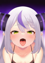 1girl absurdres atg_(wttoo0202) bare_shoulders blush braid camisole collarbone commentary demon_girl demon_horns fangs gradient_background green_eyes grey_hair hair_between_eyes highres hololive holox horns la+_darknesss loli long_hair looking_at_viewer multicolored_hair open_mouth oral_invitation pointy_ears purple_background purple_hair saliva shiny_skin sidelocks solo spaghetti_strap streaked_hair striped_horns tongue tongue_out upper_body uvula virtual_youtuber waiting_for_cum rating:Questionable score:247 user:danbooru